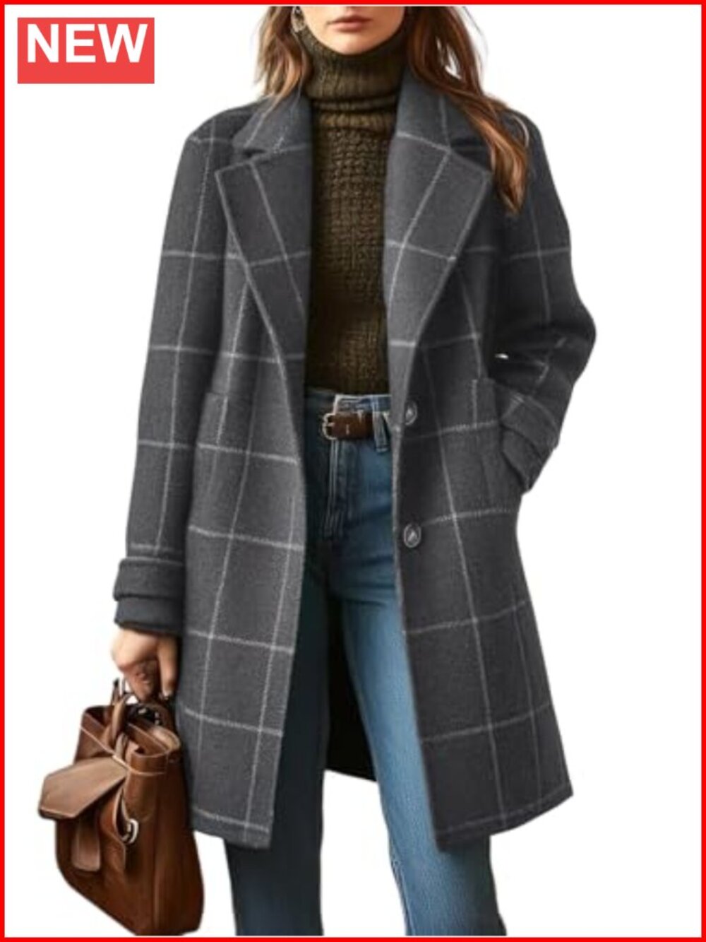 Wool Plaid Trench Coat Button Down Long Sleeve Overcoat